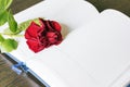 A bright red beautiful rose is lying on an open notebook. Royalty Free Stock Photo