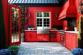 bright red beautiful summer kitchen with backyard grill