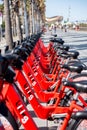 Bright red bicycles available for rent parked in a row at La Barceloneta. Concept of environmentally sustainable transport. Bike