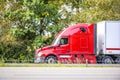 Bright red big rig semi truck with dry van semi trailer running quickly on the highway with green trees on the side for timely Royalty Free Stock Photo