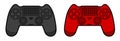 Bright red and black white icon of a wireless joystick, controller for a game console. Isolated vector on white background