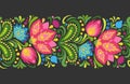 Bright red and blue flowers on dark background. Folkloric ornament. Vector seamless border Royalty Free Stock Photo