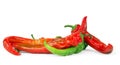 Bright red and bright green chilli pepper on a white background. Royalty Free Stock Photo