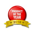 Bright red button with words `Product of the year 2018`