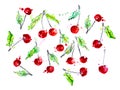 Bright red cherries on white background with paint splashes, watercolor.