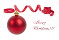 Bright red Christmas tree ball with curly ribbon Royalty Free Stock Photo