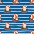 Bright red colored boat shapes seamless doodle pattern. Blue stripped background. Ocean backdrop Royalty Free Stock Photo