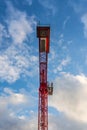 Bright Red Construction Crane Metal Frame Blue Sky Below Perspective Industry Equipment Royalty Free Stock Photo