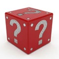 Red cube with question marks and silver rivets on a white background symbol Royalty Free Stock Photo