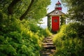 bright red door of an inland lighthouse set in lush greenery