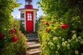 bright red door of an inland lighthouse set in lush greenery