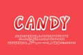 Bright red emblem Candy. Modern 3d sticker style font, vector English alphabet set Royalty Free Stock Photo