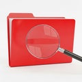 A red folder with papers inside and a magnifying glass held over it on a white background Royalty Free Stock Photo