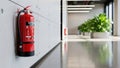 Red fire extinguisher mounted on a white wall in a modern office hallway Royalty Free Stock Photo