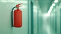 Bright red fire safety equipment hanging vertically on sleek white corridor wall, highlighting emergency preparedness in Royalty Free Stock Photo