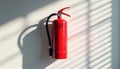 Bright red fire extinguisher mounted on a wall. Sun light creates shadow on white surface. Emergency equipment for industrial Royalty Free Stock Photo