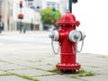 Red fire hydrant standing on sidewalk with city background isolated on white background Royalty Free Stock Photo