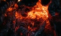 Bright red flames of fire. Ashes and coals. Flames on a dark background. Hot red hot coals, barbecue place. Outdoor Royalty Free Stock Photo