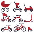 Bright red flat vector baby transport set