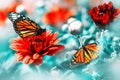 Bright red flowers and monarch butterflies in the summer garden. Magical macro image. Royalty Free Stock Photo