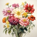 Hyperrealistic Vintage Floral Illustration: Zinnia Bouquet In Detailed Watercolor