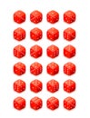 Bright red glossy game cubes isolated on white background, all possible 3d dice turns for casino in isometric view Royalty Free Stock Photo