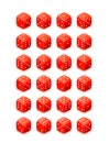 Bright red glossy game cubes isolated on white background, all possible 3d dice turns for casino in isometric view