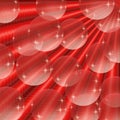 Bright red gradient background with shiny transparent balls and rays.