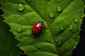 Bright Red ladybug green leaf nature. Generate Ai