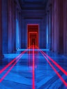 Bright red laser security beams create an intriguing pattern in a long and dimly lit corridor, enhancing the mysterious