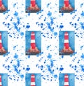 Bright red lighthouse on the cliffs seamless pattern on blue spray watercolor hand sketch Royalty Free Stock Photo
