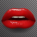 Bright red lipstick lips half open female mouth teeth stylish fashion mockup transparent background design vector