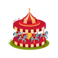 Bright red merry-go-round with blue horses. Children carousel. Amusement park theme. Flat vector icon Royalty Free Stock Photo