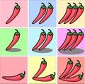 Bright red Mexican chili pepper, slightly curled and with a green stem one two three set with shadows and different