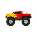 Bright red monster truck with yellow flame decal. Heave car with large tires and black tinted windows. Flat vector icon Royalty Free Stock Photo