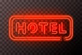 Bright red neon hotel sign board with rectangle frame on transparent