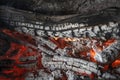 Bright red-orange coals of heat from a burnt tree close up, background