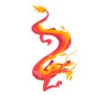 Bright red and orange fiery dragon illustration in a dynamic pose. Asian mythical creature design in vibrant colors