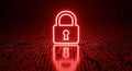 Digital security concept with glowing red padlock icon on binary code background representing cyber protection Royalty Free Stock Photo