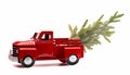 Bright Red Pickup Truck Hauling a Tree for Christmas