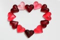 bright, red and pink, jelly hearts in the glare of light in the shape of heart