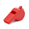 Bright Red Plastic Whistle with Metal Ring on White Background sports referee Royalty Free Stock Photo