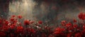 Bright red poppy flowers in a field in vibrant bloom with dark grunge background - generative AI