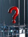 Bright Red Question Mark on Glass Cubes A shiny bright red question mark hovers above a stack of translucent glass cubes Royalty Free Stock Photo