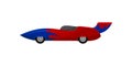 Bright red racing car with blue wrap decal and spoiler. Vintage automobile. Extreme auto sport. Flat vector icon