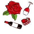 Bright red rose, sweets and wine. Royalty Free Stock Photo