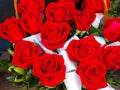 Bright red roses in basket Royalty Free Stock Photo