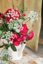 Bright red roses in a white graceful watering can in the garden. Flowers stand next to the fence. Summer collection