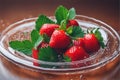 Bright red strawberries on a glass plate, surrounded by drops of water. Ripe juicy fresh summer berries with green leaves Royalty Free Stock Photo