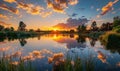 A bright red sunset over a tranquil lake Royalty Free Stock Photo